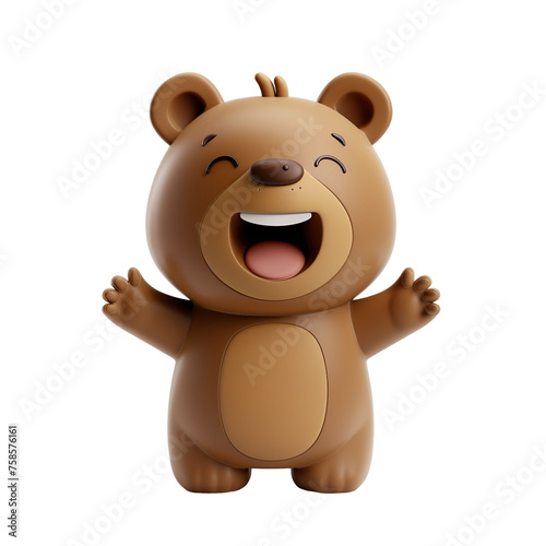 angled view of a 3d cartoon illustration of cute Bear  smiling excitedly isolated on a white background 