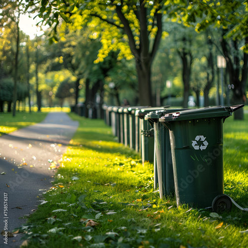 A shot of a row of recycling bins in a well - maintained city park