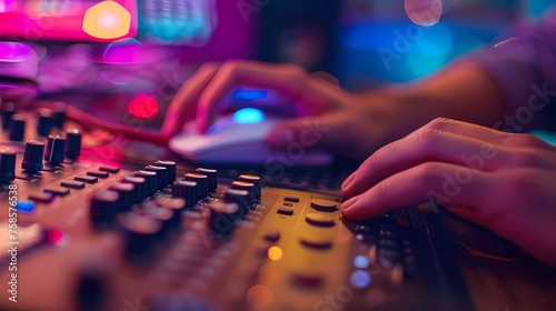 Close-up of sound engineer working on mixing desk at night club, Generative AI illustrations.