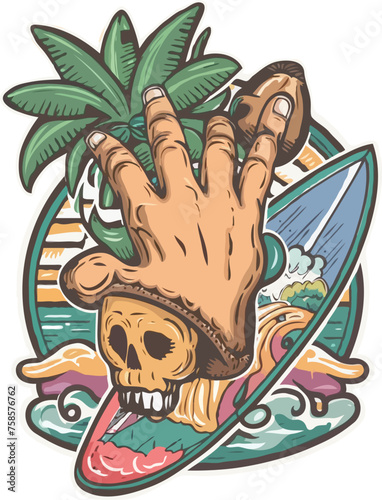 Vibrant  eye-catching t-shirt design for summer. creative hand and cheerful smile skull  holding a surfboard and coconut tree