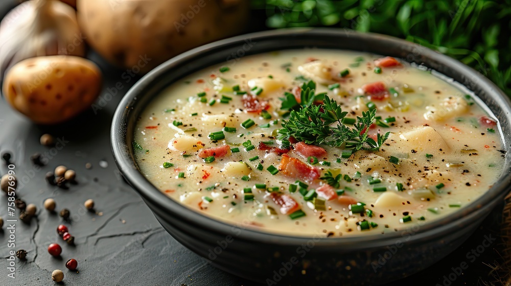 German Kartoffelsuppe: Potato soup often flavored with bacon, leeks, and herbs 