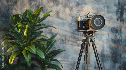 Vintage camera on tripod with green plant on gray wall background Generative AI illustrations photo