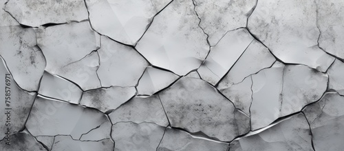 A monochrome photograph capturing the intricate pattern of a cracked wall made from grey building material, resembling cobblestone and composite material