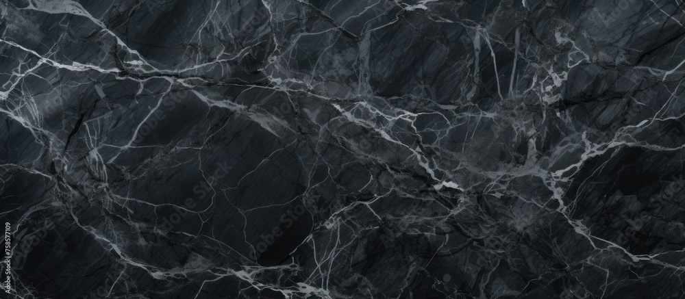 A closeup of black marble texture resembling the dark, rich soil of a forest floor, with a monochrome pattern reminiscent of twisted wood twigs