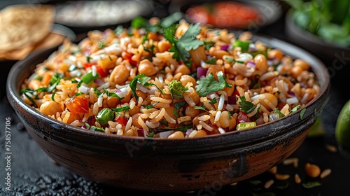 Indian Bhel Puri: A savory snack made with puffed rice, vegetables, tangy chutneys, and sev (crunchy noodles) 