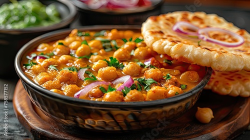 Indian Chole Bhature: Spicy chickpea curry served with deep-fried bread called bhature 