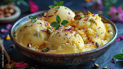 Indian dessert Kulfi: Creamy and dense Indian ice cream made from thickened milk, flavored with saffron, cardamom, or pistachios  photo