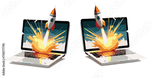 Cinematic rocket Takes off From the Laptop Screen on white and Transparent background, Flat vector illustration isolated