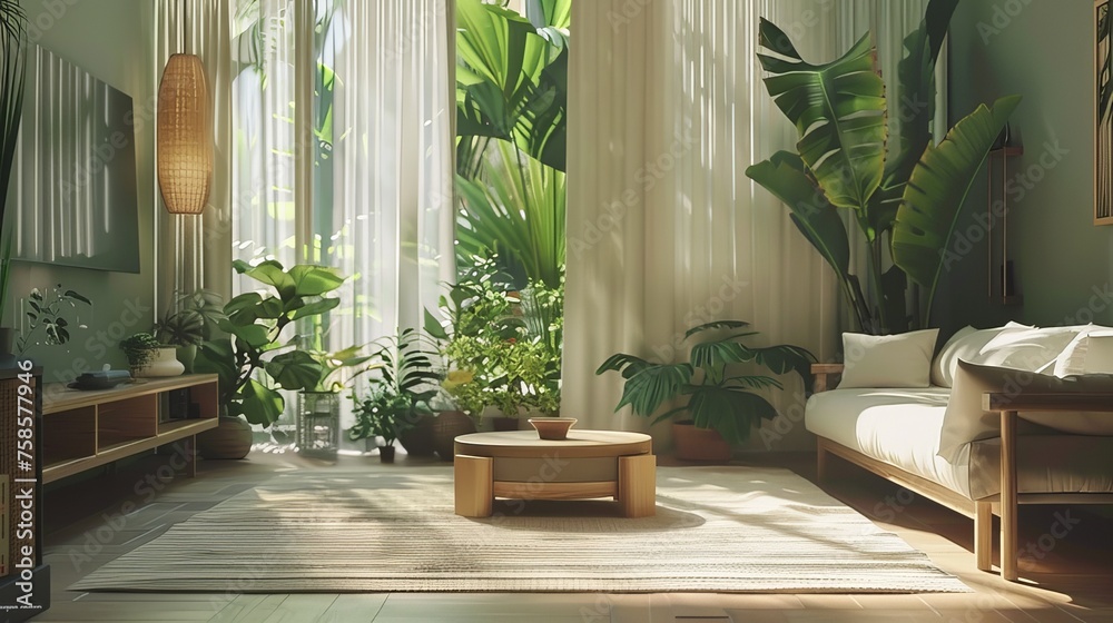 A tropical-themed room, a room located in the tropics that still has preserved nature, is a minimalist and natural room. Created with Generative AI.