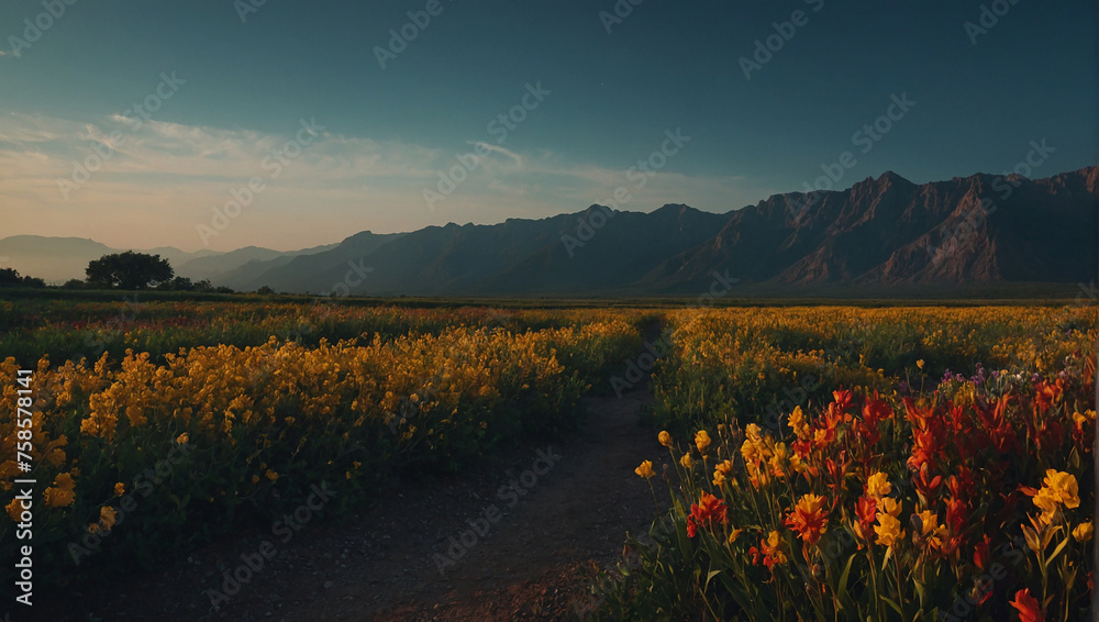 Fototapeta premium Mountains in the distance with a field of yellow and red flowers in the foreground