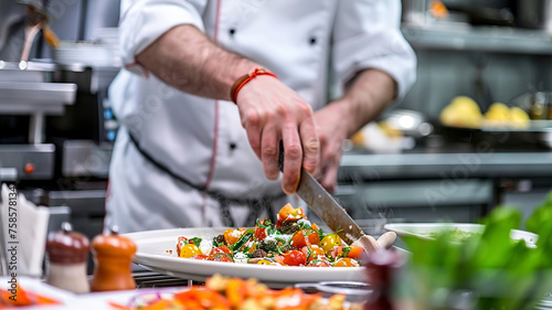 close up of chef making delicious food in the restaurant kitchen, chef cooking in the kitchen, delicios foods in kitchen