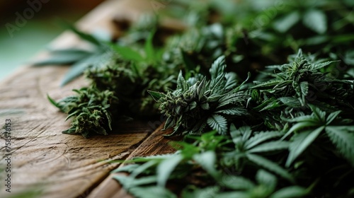 Healthy green cannabis on wooden table