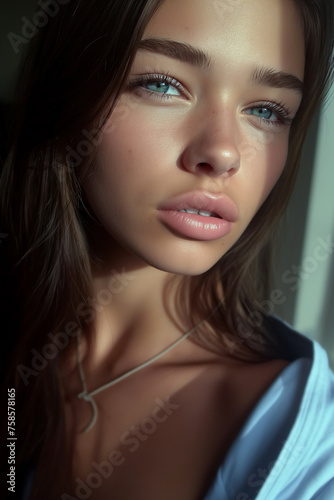 Close up of a beautiful woman with blue eyes in blue shirt