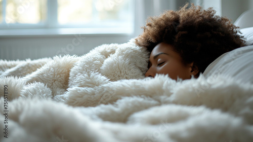 Woman african american laying in bed under a blanket