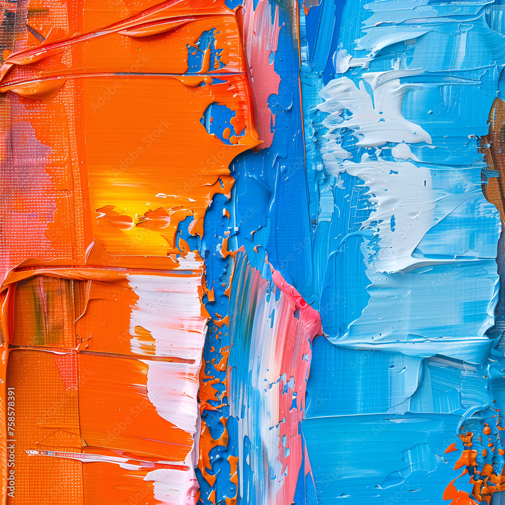 Closeup of abstract rough colorful blue orange multicolored art painting texture, with oil brushstroke, pallet knife paint, with square overlapping paper layers, complementary colors