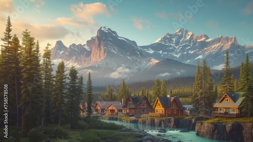 Serene river flowing gently past cozy log cabins  nestled amidst lush greenery  with majestic snow-capped mountains rising in the background  all bathed in the warm glow of the golden hour