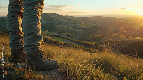 Legs of a traveler in hiking boots standing in the mountains with the beautiful view of the green hills © Aleksandr Bryliaev