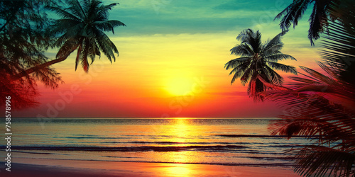Sunset on tropical island sea beach panorama, ocean sunrise panoramic landscape, palm tree leaves silhouette, yellow sun reflection, blue water waves, colorful orange red sky, summer holiday, vacation © Vera NewSib