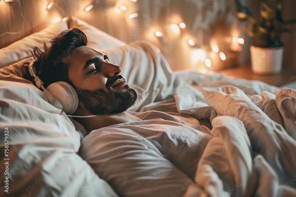 Naklejka premium Young man listening to music with headphones in bed at night. Young man relaxing in bed