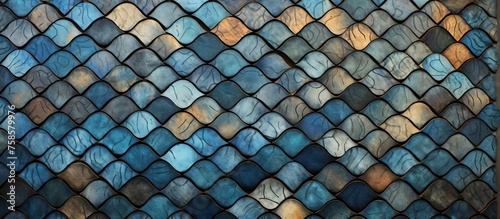 A closeup of a stained glass window with a snake skin pattern resembling a mesh fence or net design, intricately detailed like automotive exterior grille on asphalt road surface