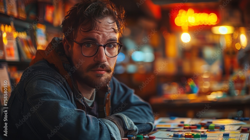 a man with glasses and a beard is sitting at a table with a board game