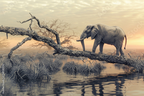 3d illustration of elephant standing on a thin branch tree in the amazing landscape