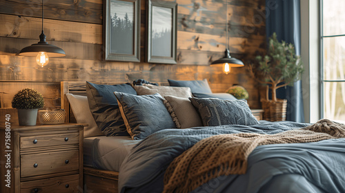 Cozy Rustic Bedroom Interior with Decorative Pillows and Warm Lighting