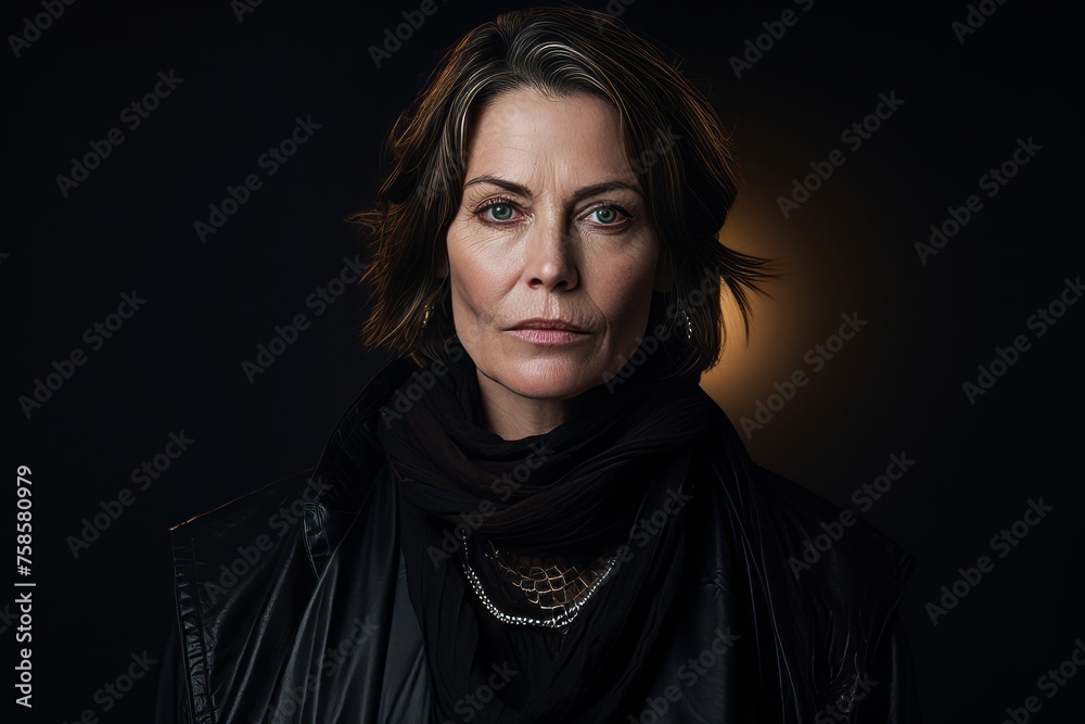 Portrait of a beautiful middle-aged woman in a black leather jacket Portrait of a beautiful middle-aged woman in a black leather jacket