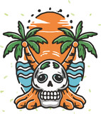Vibrant, eye-catching t-shirt design for summer. creative hand and cheerful smile skull, holding a surfboard and coconut tree