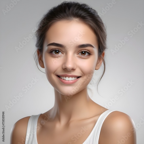 Una mujer joven, de etnia blanca y guapa sostiene una salchica en alto cerca de su rostro y mira hacia la cámara con cara de felicidad e interés