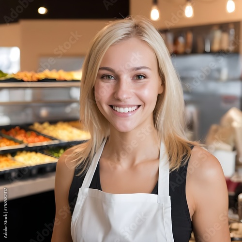 un serveur souriant blond ayant une aura de vendeur et charismatique