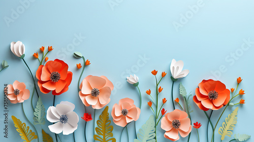 blue background with beautiful spring border blooming rose bush and space for text © Aura