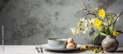 Easter-themed table setting with eggs nest and daffodil flowers on concrete backdrop