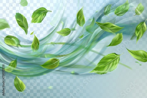 An illustration of blue winds, swirls and waves flying over flying green leaves. An illustration of fresh winds with mint leaves isolated on transparent background.
