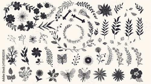 The collection features more than 60 hand-sketched elements, including florals, calligraphic elements, arrows, ampersands, catchphrases, rays, wreaths, and much more. photo