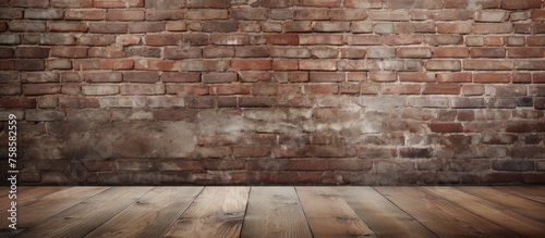 A hardwood flooring in brown color is in front of a brick wall, creating a beautiful contrast between the wood and the brickwork