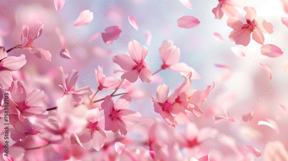 Flowing petals of pink sakura modern background. 3D romantic illustration.