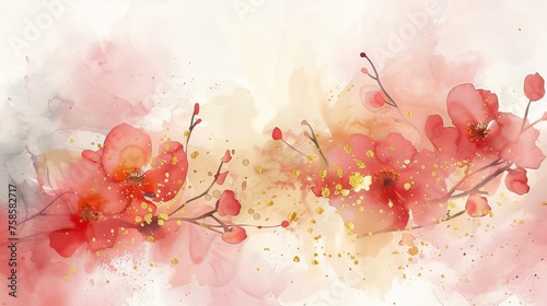 A watercolor banner background with gentle flowers and gold splashes with brush included. Watercolor art design for header, web, or wall decoration.