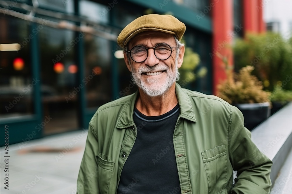 Portrait of a senior man wearing a cap and glasses in the city Portrait of a senior man wearing a cap and glasses in the city