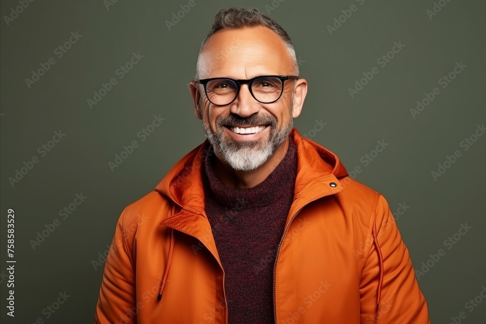 Portrait of a handsome mature man in orange jacket and glasses.