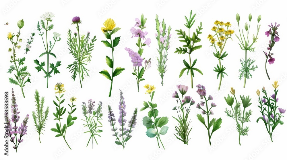 Hand drawn detailed botanical modern illustration of a beautiful collection of wild herbs, herbaceous flowering plants, blooming flowers, shrubs, and subshrubs. - obrazy, fototapety, plakaty 