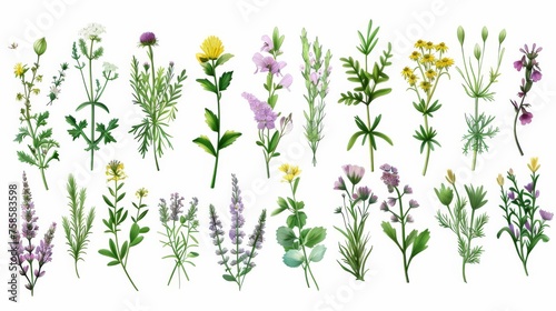 Hand drawn detailed botanical modern illustration of a beautiful collection of wild herbs, herbaceous flowering plants, blooming flowers, shrubs, and subshrubs. photo