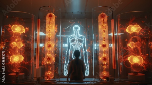 Biomechanical augmentations integrated into a humans body, glowing neon circuits, standing in a laboratory filled with high-tech equipment, realistic, Backlights, Vignette
