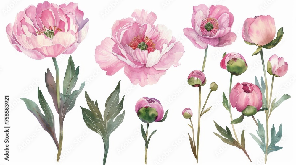 Painted Pink Watercolor Peonies Flower Modern Collection Painted Pink Watercolor Peonies Flower Modern Collection