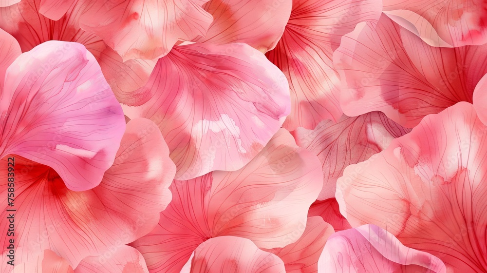 The watercolor seamless pattern is made up of pink flower petals. The watercolor drawing is modernized.