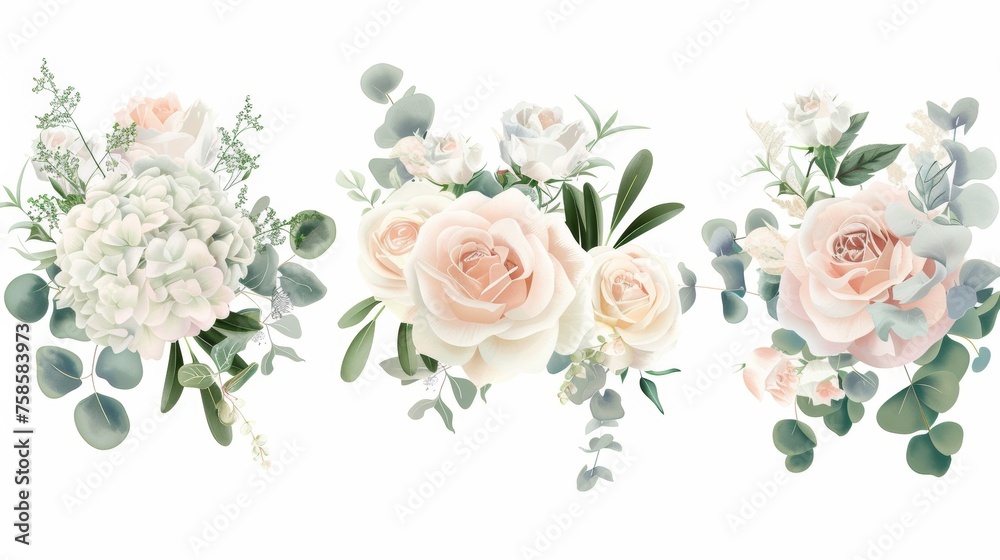 Roses and sage greenery, ivory peonies and hydrangeas are arranged in a pastel watercolor style with eucalyptus flowers. All elements can be edited separately. Roses and sage greenery, ivory peonies and hydrangeas are arranged in a pastel watercolor style with eucalyptus flowers. All elements can be edited separately.
