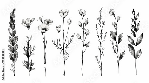 Plant modern set of sketch flowers and branches. Botanical set of flower moderns. © Mark