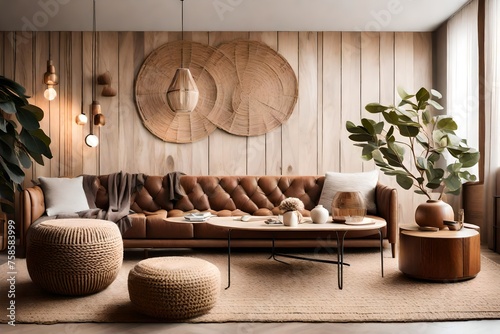 Cozy living room with wood wall, stylish sofa, round coffee table, braided pouf, brown sideboard, branch vase, beige lamp, and personal accessories