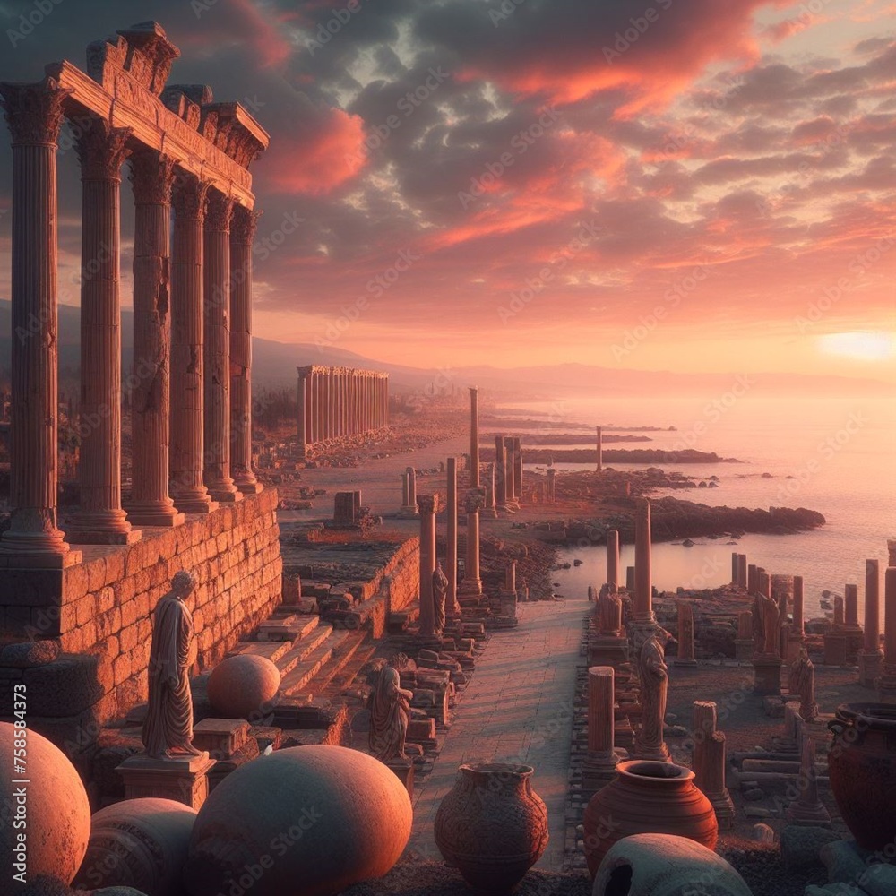 Fototapeta premium Ancient Sunset: Majestic Ruins Overlooking the Sea in Warm Evening Light