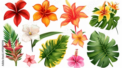 On white background  tropical flowers collection. Modern isolated elements.